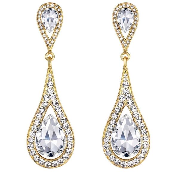 Yellow Gold with White Diamond Austrian Crystal Dual Dangling Teardrop Earrings